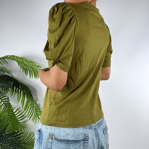 Womens A New Day Olive Green Boho Cottagecore Puff Sleeve Crew Neck Top / XS - Picture 2 of 6